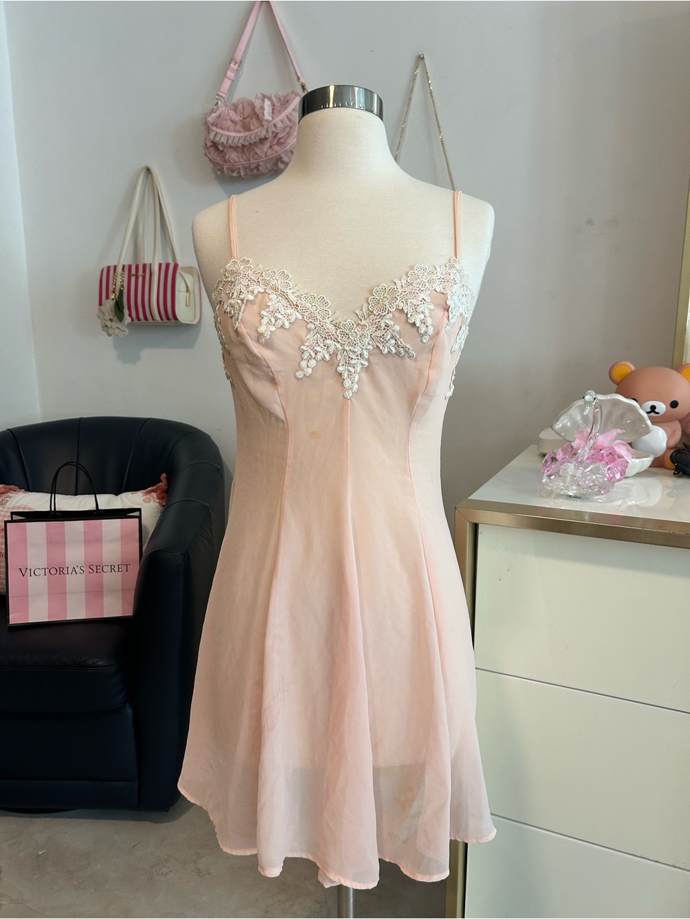 Vintage Sheer Lace Blush Pink Slip Dress